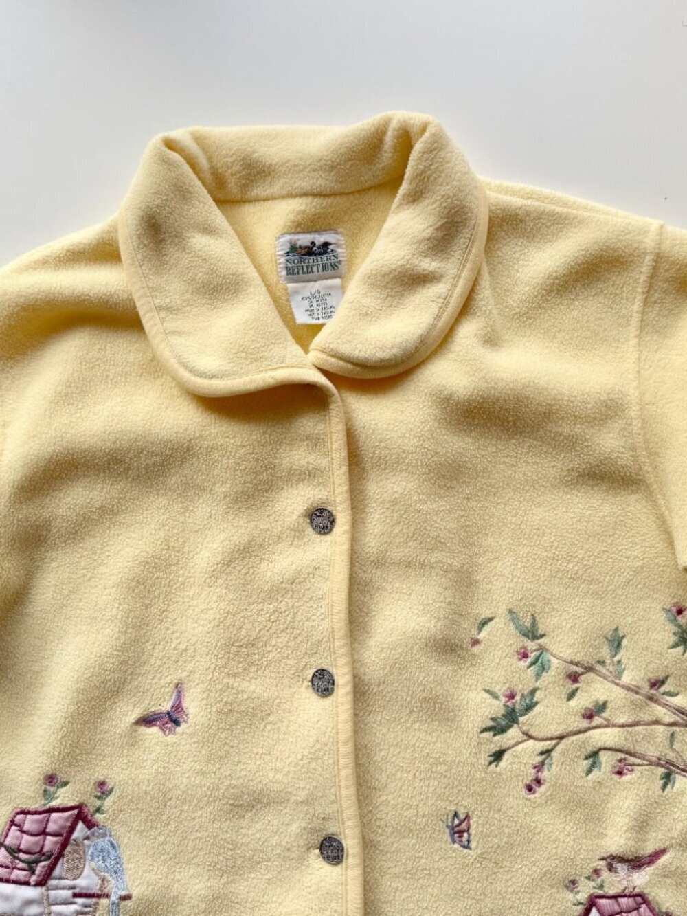 Vintage 00's NORTHERN REFLECTIONS Yellow Embroidered Bird Fleece Jacket, Size L - Picture 7 of 15